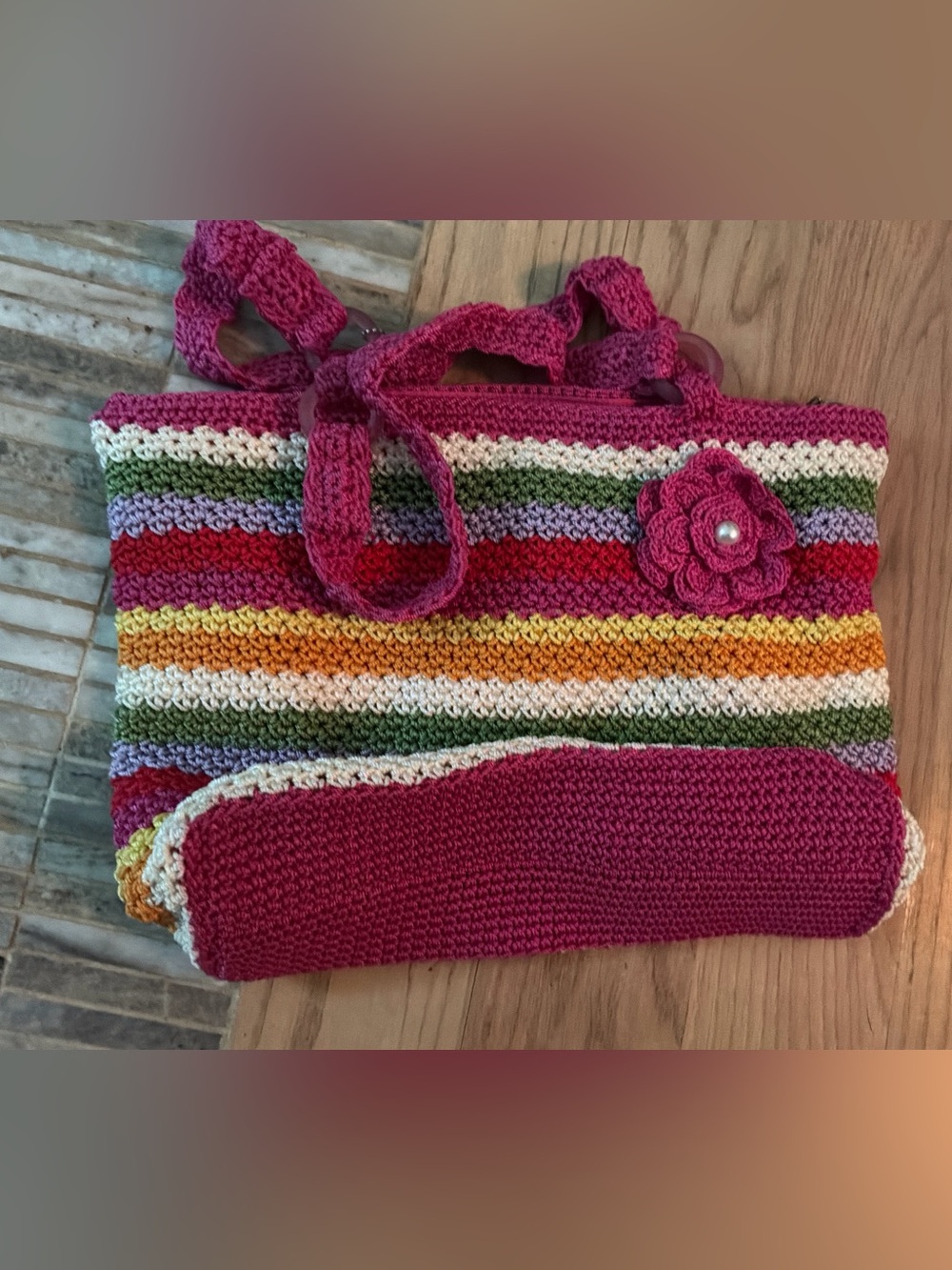 Vintage The Sak Rainbow Crochet Tote Bag Y2K Deadstock Neon Floral Charms